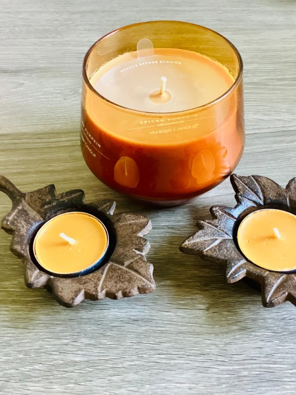 Lot Of 3 Fall Candles Yankee Spiced Pumpkin Jar 10 Oz Cast Iron Leaf Tea Lights